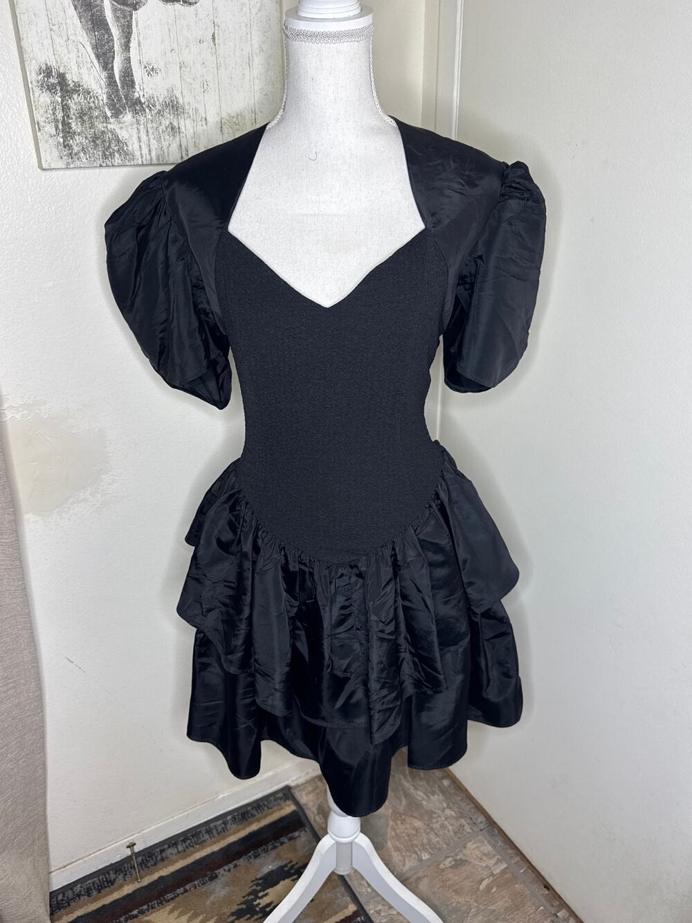 Vintage 80s Kings Row Black Puff Sleeve Prom Dress Basque Drop Waist Ruffle M